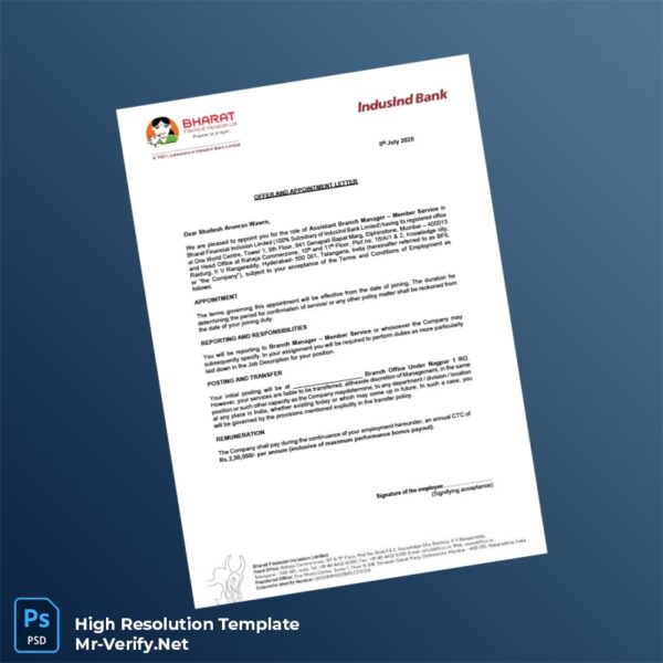 Editable India Bharat Financial Inclusion Limited Employment Verification Letter Word and Pdf Template Preview - Mac Doc