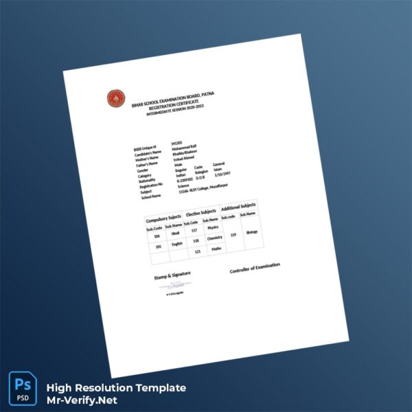 Editable India Bihar School Examination Board Registration Certificate Word and Pdf Template Preview - Mac Doc