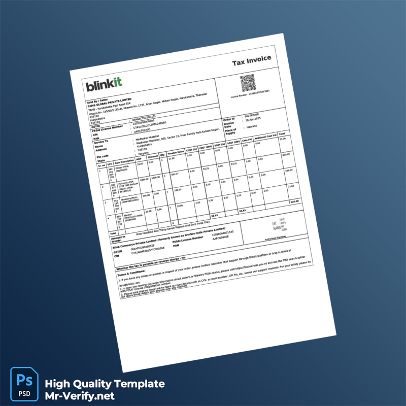 India Blinkit Tax Invoice Template in Word and PDF formats India Blinkit Tax Invoice Template in Word and PDF formats