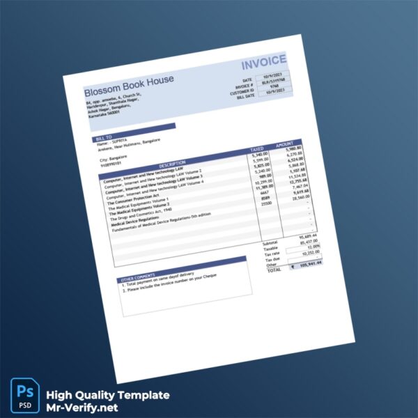 India Blossom Book House Invoice Template in Word and PDF formats
