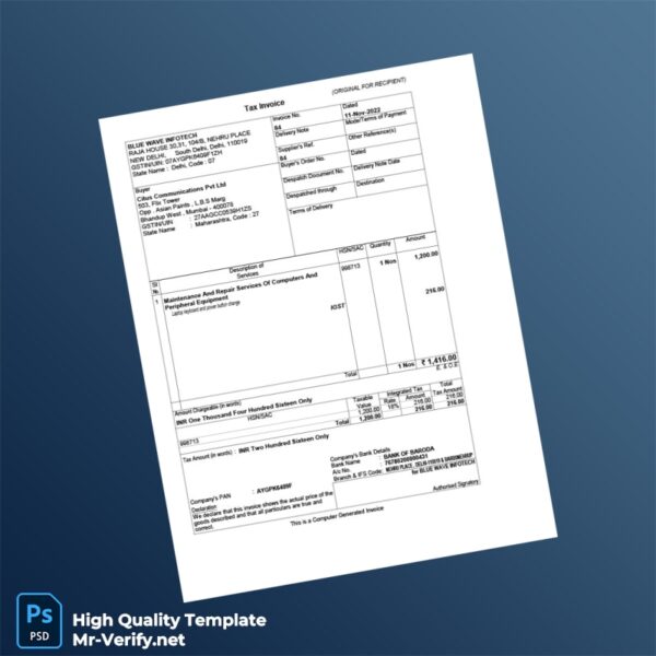 India Blue Wave Infotech Tax Invoice Template in Word and PDF formats