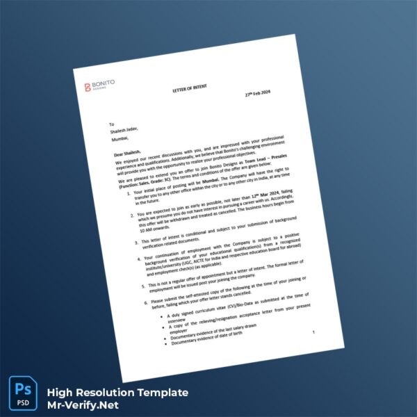 Editable India Bonito Designs Employment Verification Letter Word and Pdf Template Preview - Mac Doc