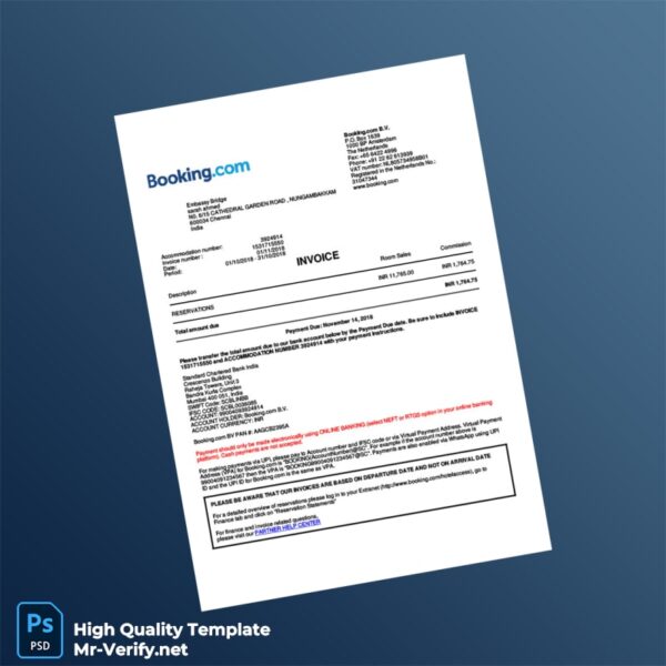 India Booking com B V Invoice Template in Word and PDF formats