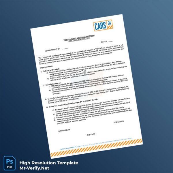Editable India CARS24 Transaction Affirmation Form Word and Pdf Template Preview - Mac Doc