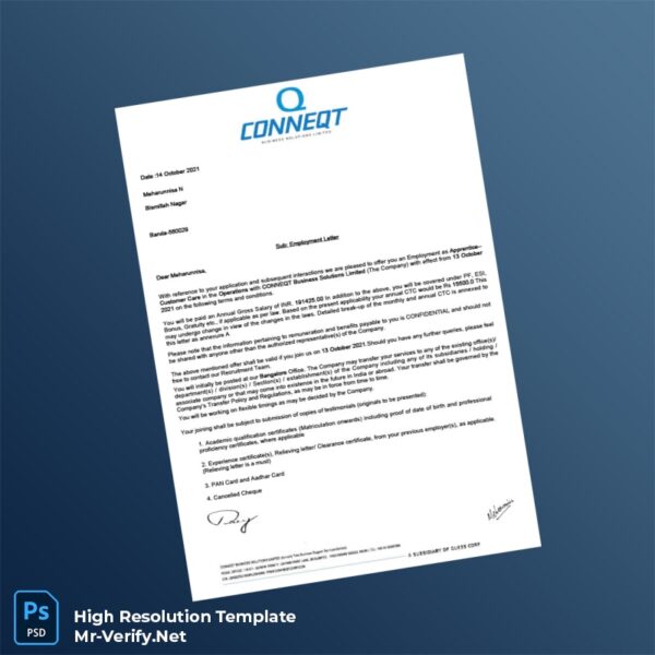 Editable India CONNEQT Business Solutions Limited Employment Verification Letter Word and Pdf Template Preview - Mac Doc