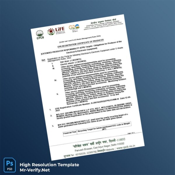Editable India CPCB EPR Registration Certificate Word and Pdf Template Preview - Mac Doc