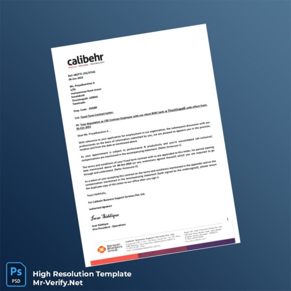 Editable India Calibehr Business Support Services Pvt Ltd Employment Verification Letter Word and Pdf Template Preview - Mac Doc
