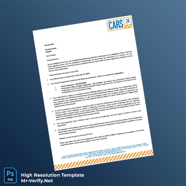 Editable India Cars24 Financial Services Employment Verification Letter Word and Pdf Template Preview - Mac Doc