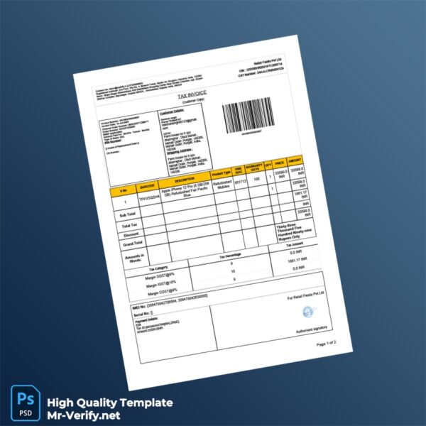 India Cashify Tax Invoice Template in Word and PDF formats