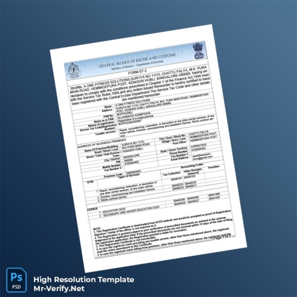 Editable India Central Excise Department Service Tax Registration Certificate Word and Pdf Template Preview - Mac Doc