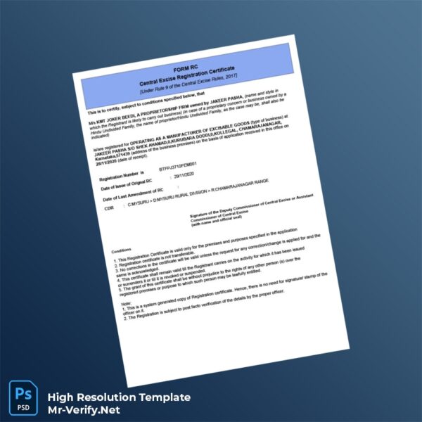 Editable India Central Excise Registration Certificate Word and Pdf Template Preview