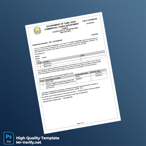 India Central Sales Tax Registration Certificate Template in Word and PDF formats