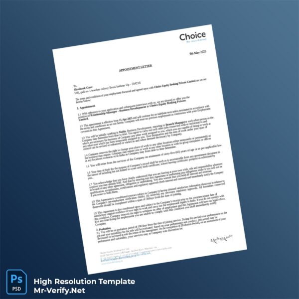 Editable India Choice Equity Broking Private Limited Appointment Letter Word and Pdf Template Preview - Mac Doc