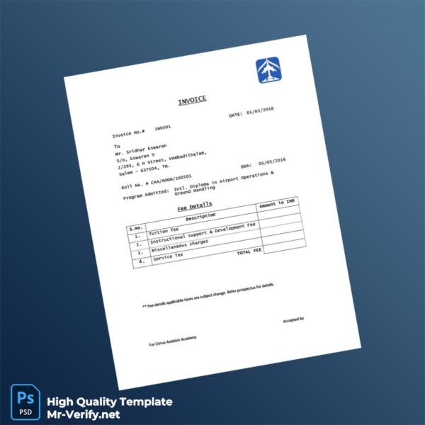 India Cirrus Aviation Academy Invoice Template in Word and PDF formats India Cirrus Aviation Academy Invoice Template in Word and PDF formats