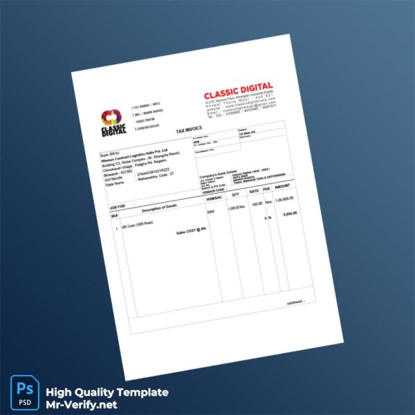India Classic Digital Tax Invoice Template in Word and PDF formats India Classic Digital Tax Invoice Template in Word and PDF formats