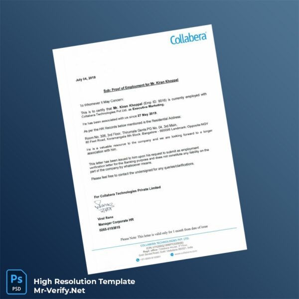 Editable India Collabera Technologies Private Limited Proof of Employment Letter Word and Pdf Template Preview - Mac Doc