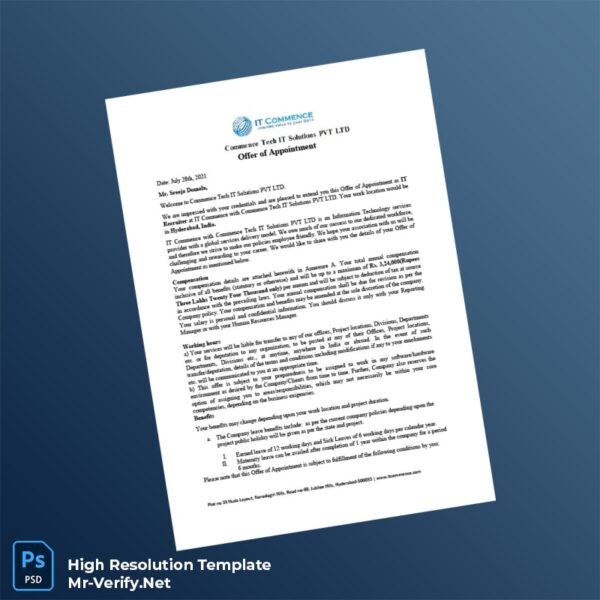 Editable India Commence Tech IT Solutions PVT LTD Offer Letter Word and Pdf Template Preview - Mac Doc