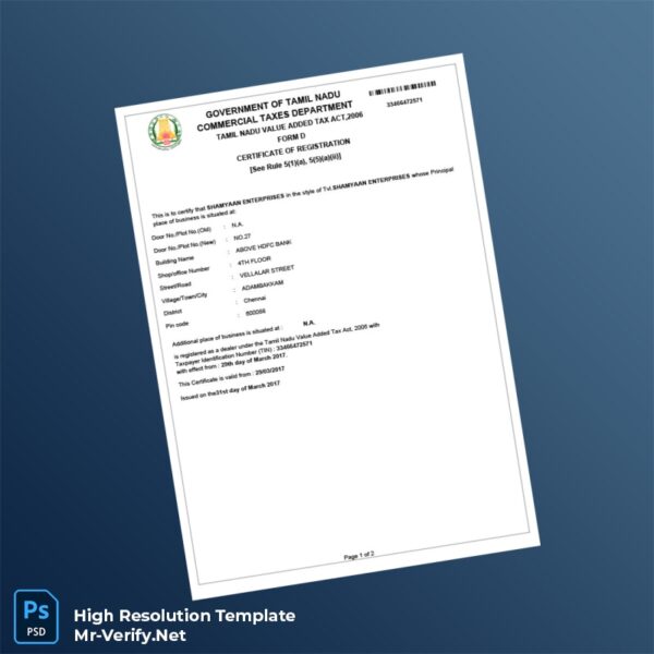 Editable India Commercial Taxes Department VAT Registration Certificate Word and Pdf Template Preview - Mac Doc