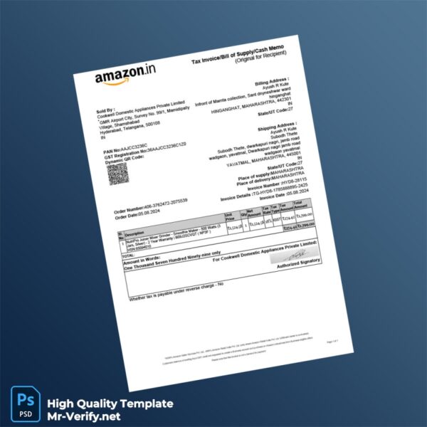 India Cookwell Domestic Appliances Private Limited Invoice Template in Word and PDF formats