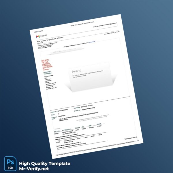 India Croma Invoice Template in Word and PDF formats