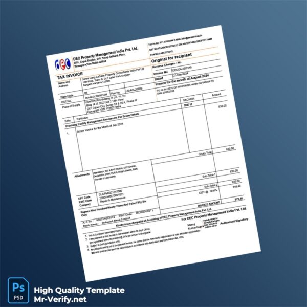 India DEC Property Management India Pvt Ltd Tax Invoice Template in Word and PDF formats India DEC Property Management India Pvt Ltd Tax Invoice Template in Word and PDF formats