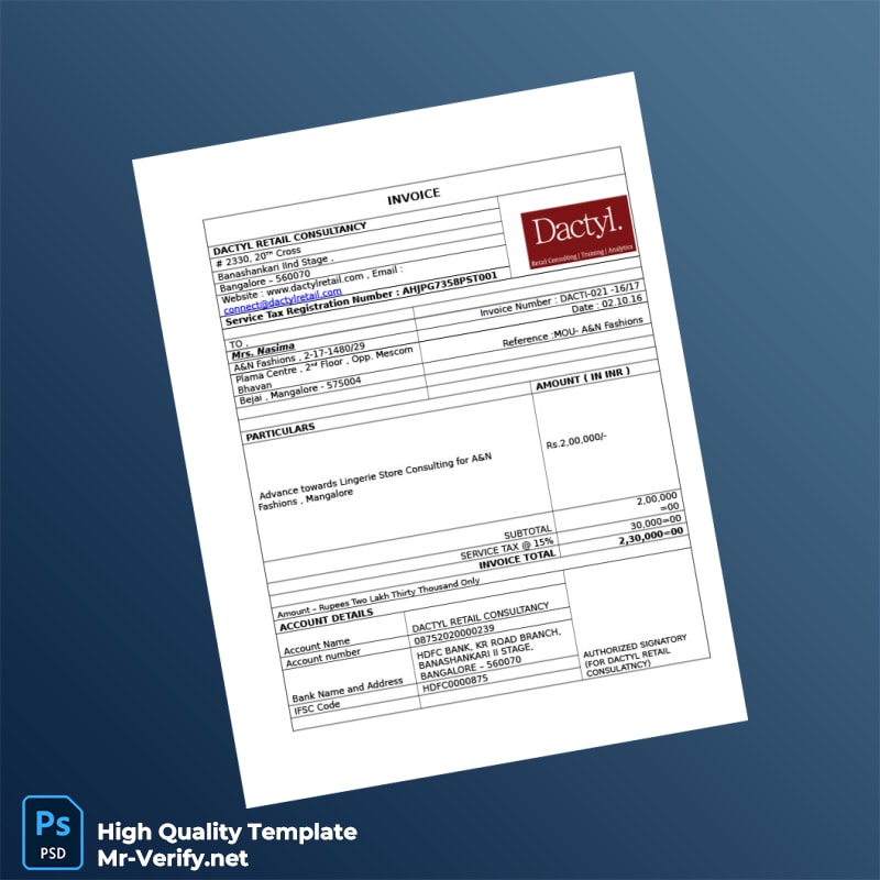 India Dactyl Retail Consultancy Invoice Template in Word and PDF formats India Dactyl Retail Consultancy Invoice Template in Word and PDF formats
