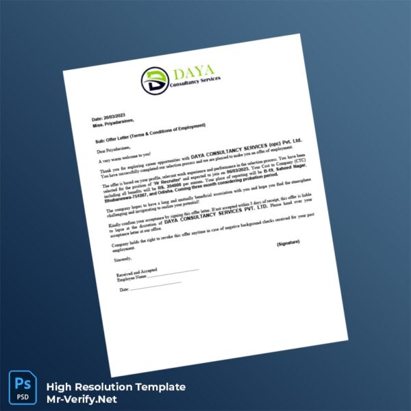 Editable India Daya Consultancy Services Pvt Ltd Offer Letter Word and Pdf Template Preview - Mac Doc