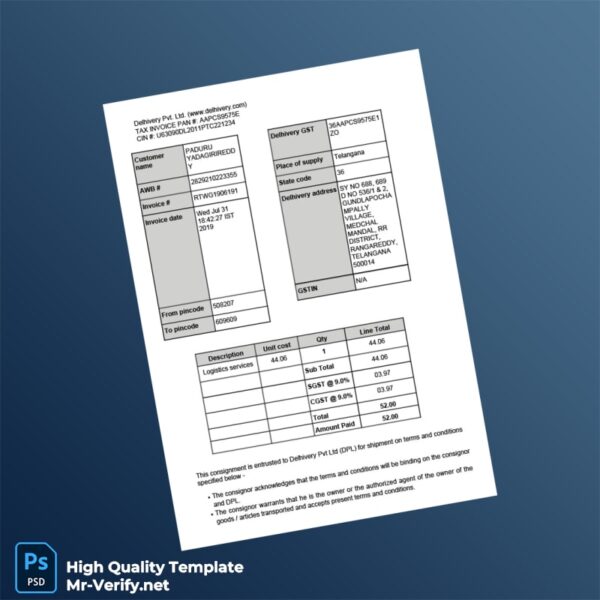 India Delhivery Pvt Ltd Tax Invoice Template in Word and PDF formats