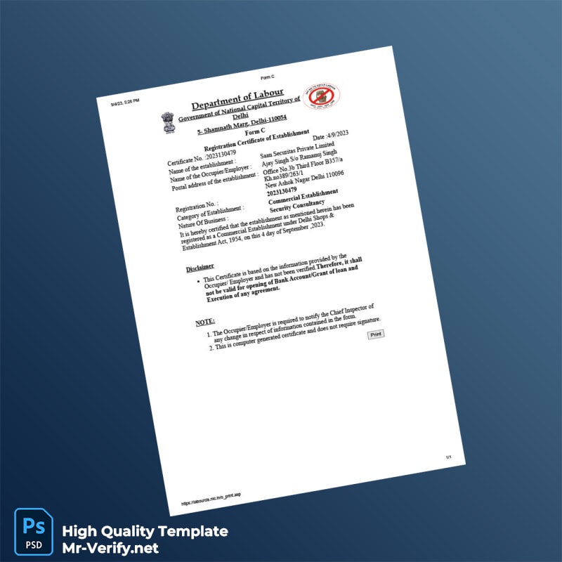 India Department of Labour Registration Certificate of Establishment Template in Word and PDF formats India Department of Labour Registration Certificate of Establishment Template in Word and PDF formats