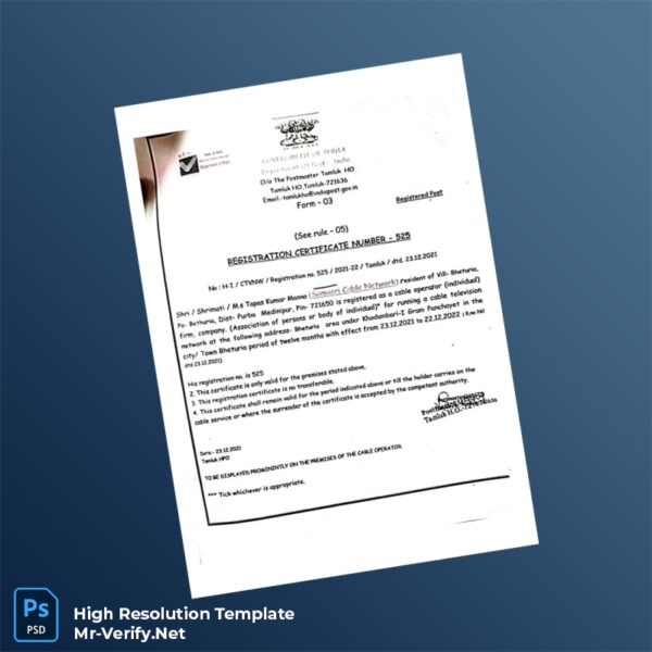 Editable India Department of Post Cable Registration Certificate Word and Pdf Template Preview - Mac Doc