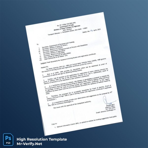 Editable India Department of Transport Editable Registration Certificate Word and Pdf Template Preview