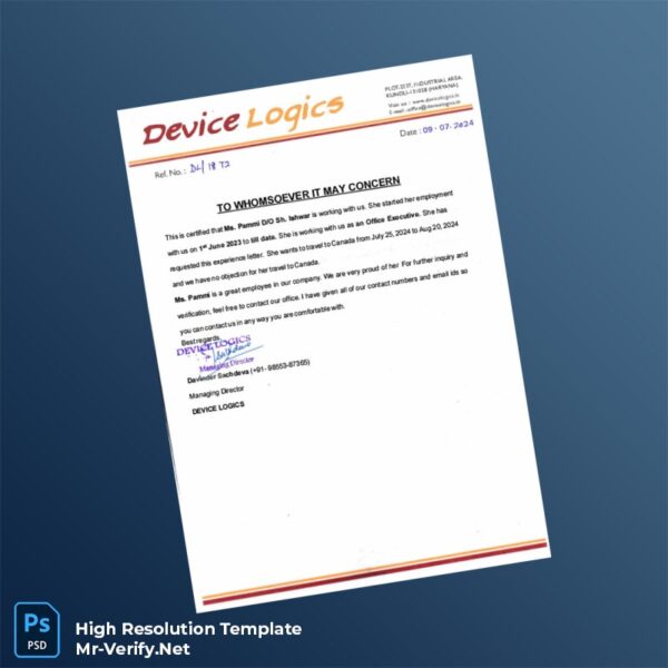 Editable India Device Logics Employment Certificate Word and Pdf Template Preview - Mac Doc