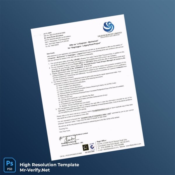 Editable India Dilip Buildcon Employment Verification Letter Word and Pdf Template Preview - Mac Doc