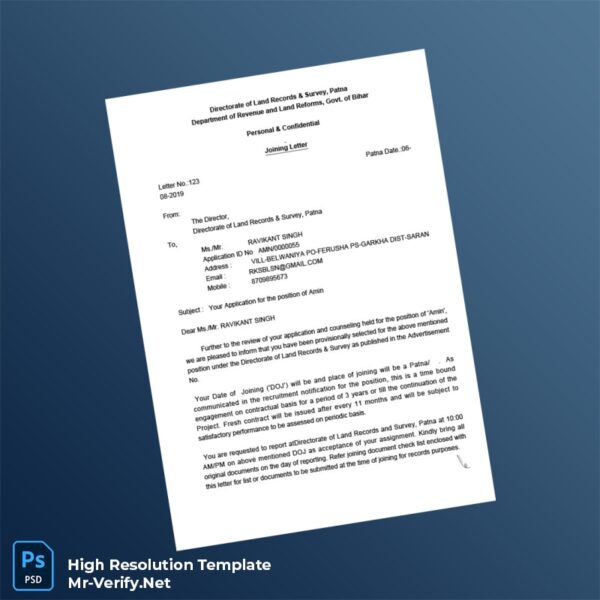 Editable India Directorate of Land Records Survey Employment Verification Letter Word and Pdf Template Preview - Mac Doc