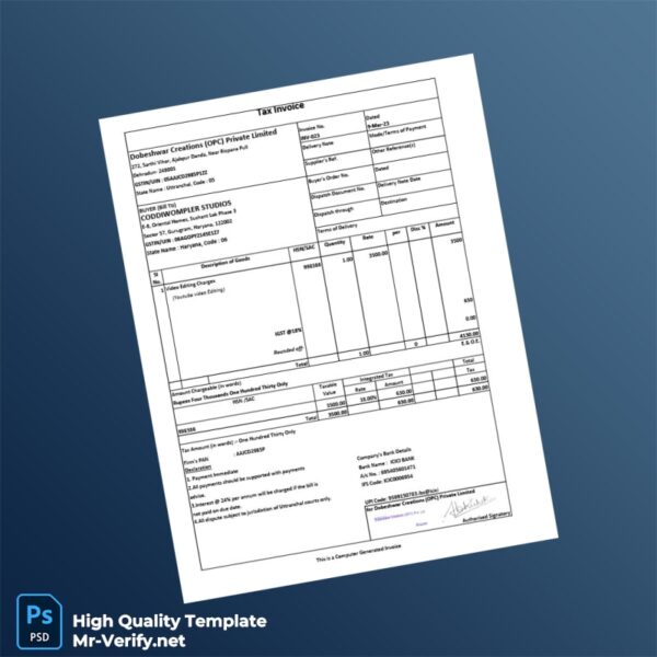 India Dobeshwar Creations OPC Private Limited Tax Invoice Template in Word and PDF formats