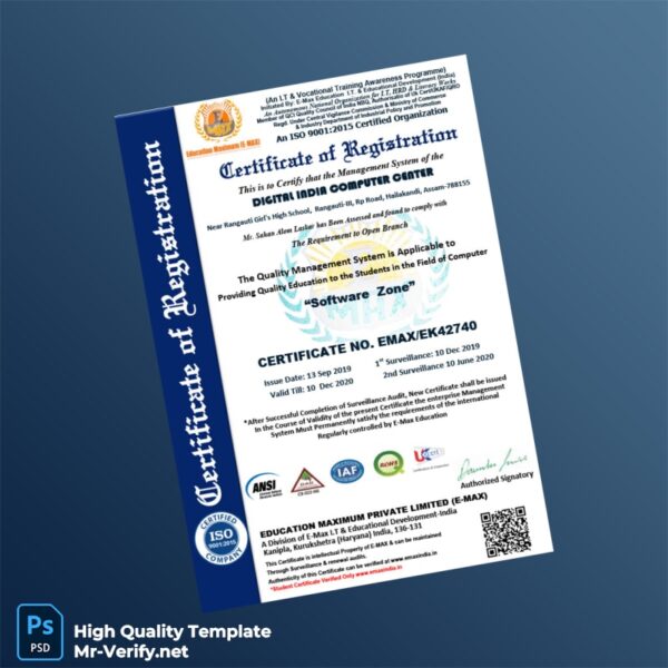 India E-Max Education I T Educational Development Business Registration Certificate Template in Word and PDF formats