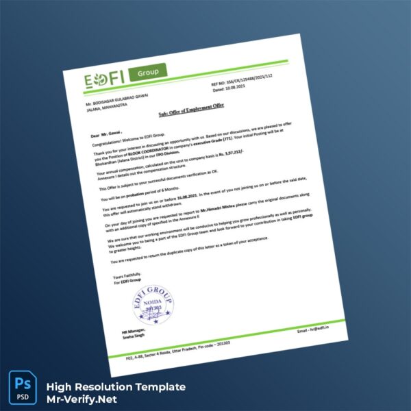 Editable India EDFI Group Employment Verification Letter Word and Pdf Template Preview - Mac Doc