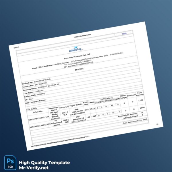 India Easy Trip Planners Invoice Template in Word and PDF formats