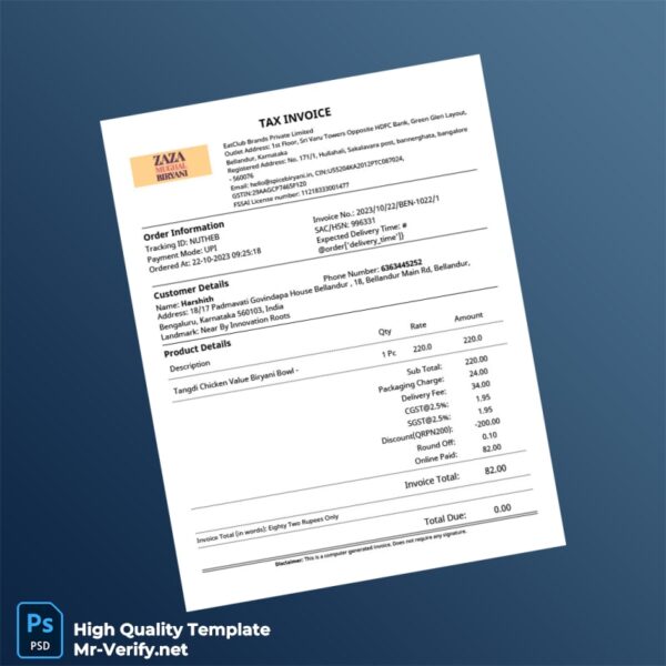 India EatClub Brands Private Limited Invoice Template in Word and PDF formats India EatClub Brands Private Limited Invoice Template in Word and PDF formats