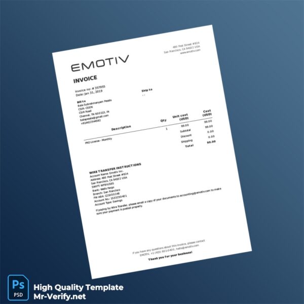 India Emotiv Inc Invoice Template in Word and PDF formats