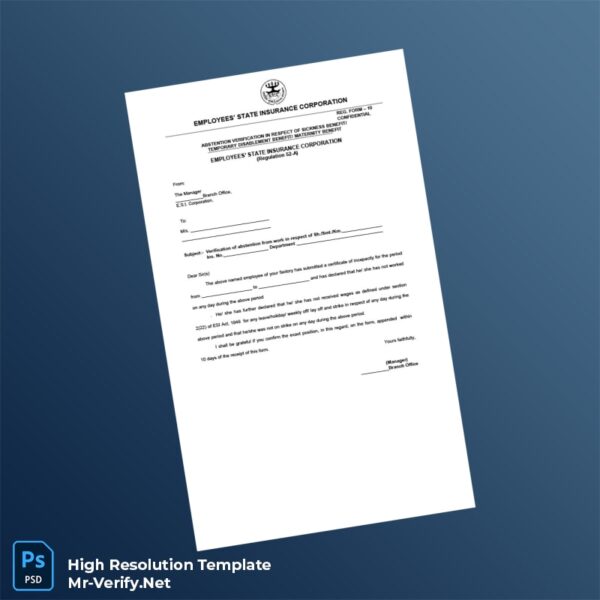 Editable India Employees State Insurance Corporation Employment Verification Letter Word and Pdf Template Preview - Mac Doc