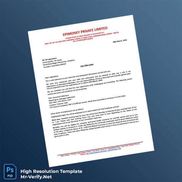 Editable India Epimoney Private Limited Employment Verification Letter Word and Pdf Template Preview - Mac Doc