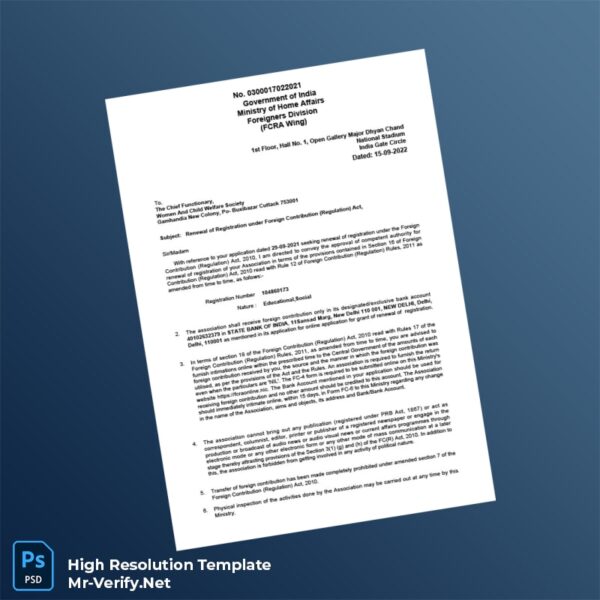 Editable India FCRA Renewal Certificate Word and Pdf Template Preview - Mac Doc