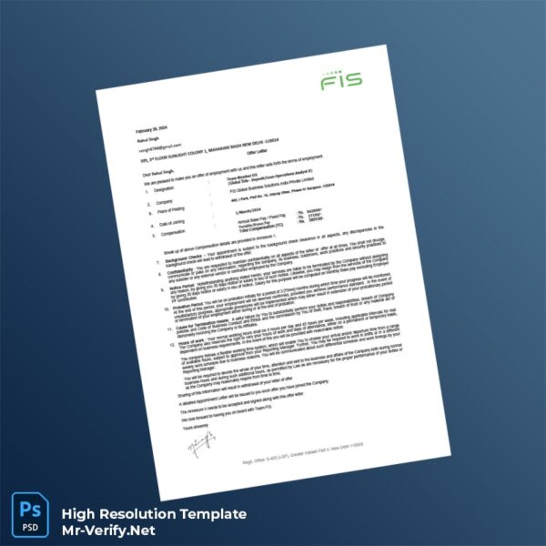 Editable India FIS Global Business Solutions Employment Verification Letter Word and Pdf Template Preview - Mac Doc