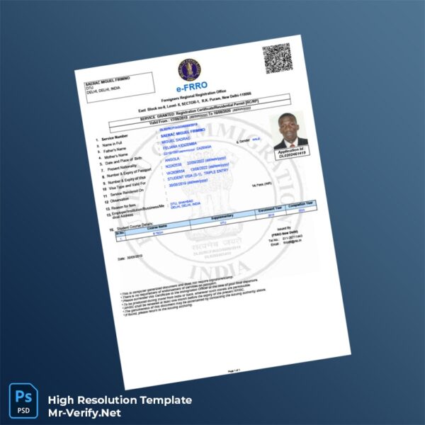 Editable India FRRO Registration Certificate Word and Pdf Template Preview - Mac Doc
