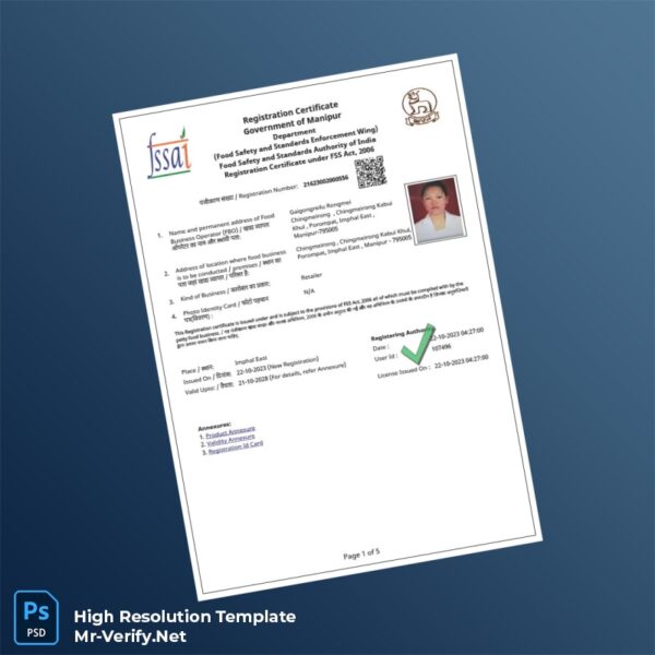 Editable India FSSAI Business Registration Certificate Word and Pdf Template Preview