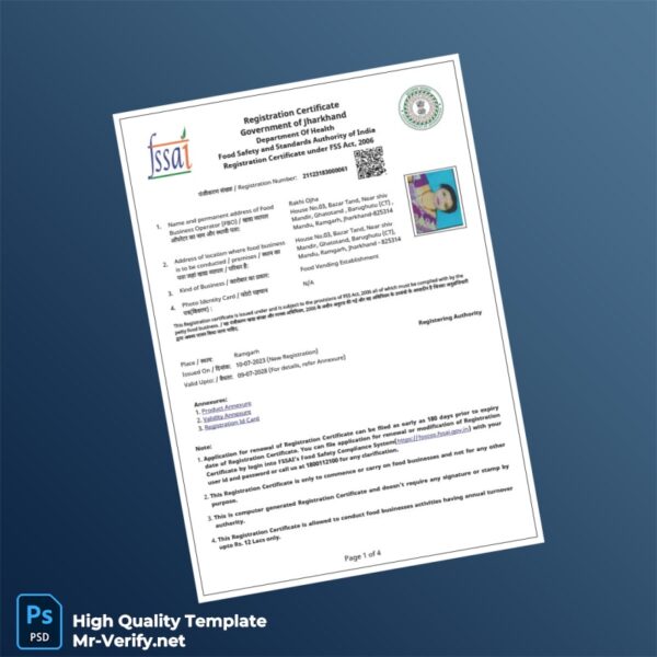 India FSSAI Editable Registration Certificate Template in Word and PDF formats India FSSAI Editable Registration Certificate Template in Word and PDF formats