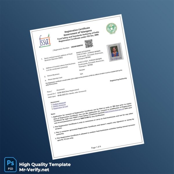 India FSSAI Food Safety and Standards Authority Business Registration Certificate Template in Word and PDF formats India FSSAI Food Safety and Standards Authority Business Registration Certificate Template in Word and PDF formats