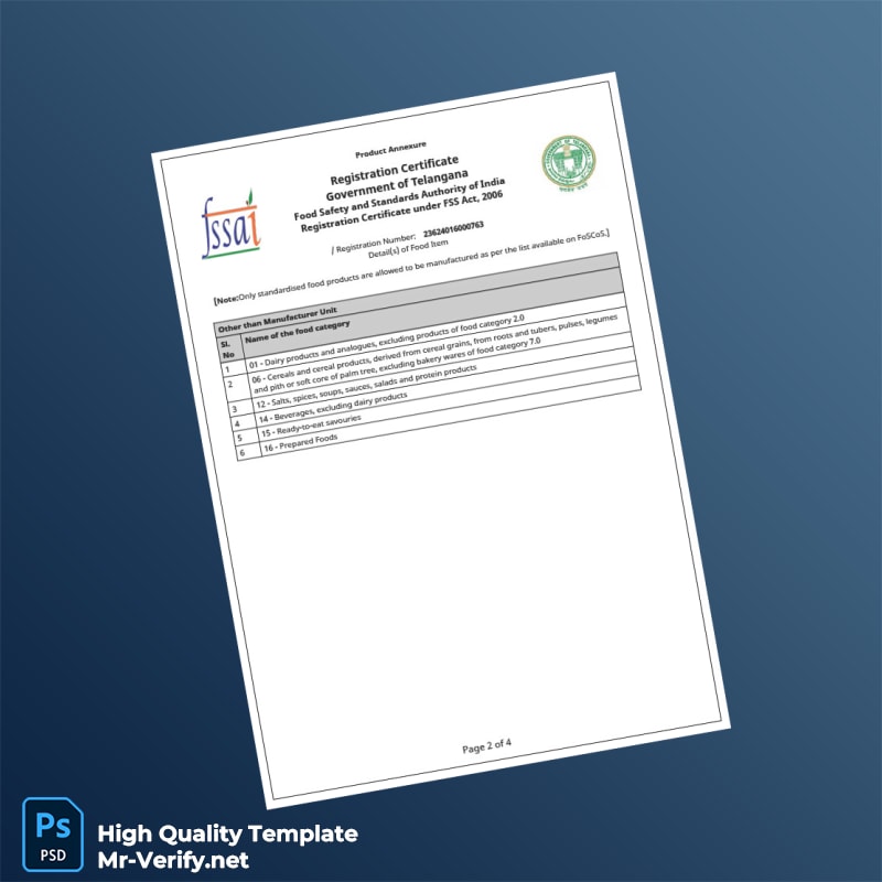 India FSSAI Food Safety and Standards Authority Business Registration Certificate Template in Word and PDF formats page 2 India FSSAI Food Safety and Standards Authority Business Registration Certificate Template in Word and PDF formats page 2