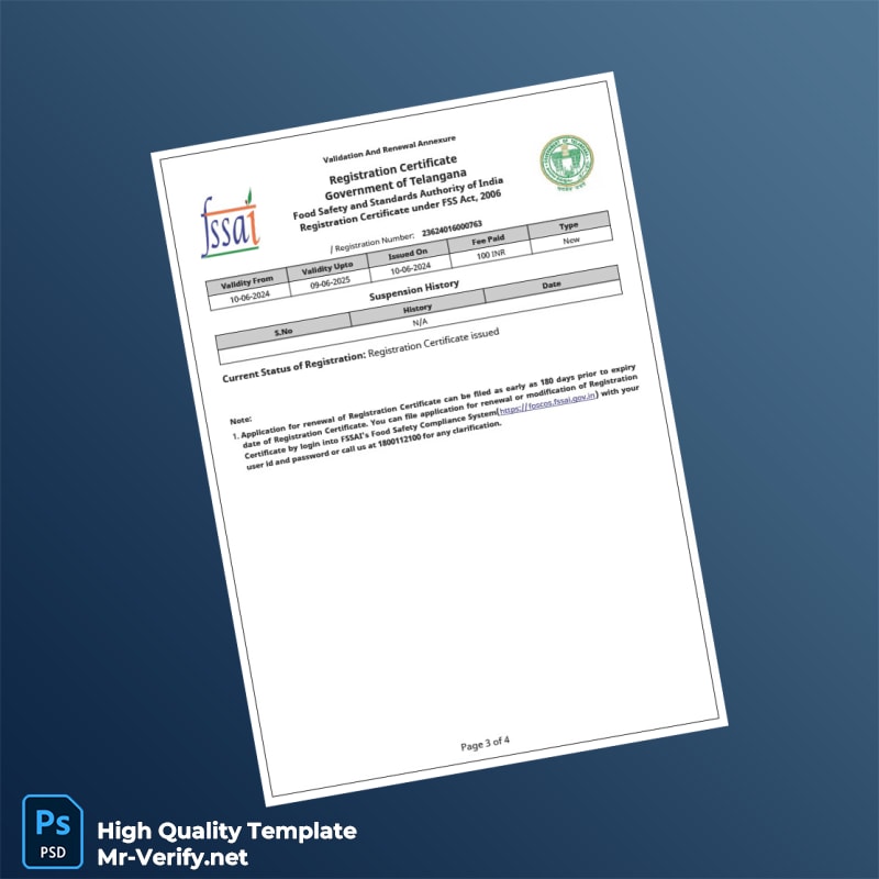 India FSSAI Food Safety and Standards Authority Business Registration Certificate Template in Word and PDF formats page 3 India FSSAI Food Safety and Standards Authority Business Registration Certificate Template in Word and PDF formats page 3